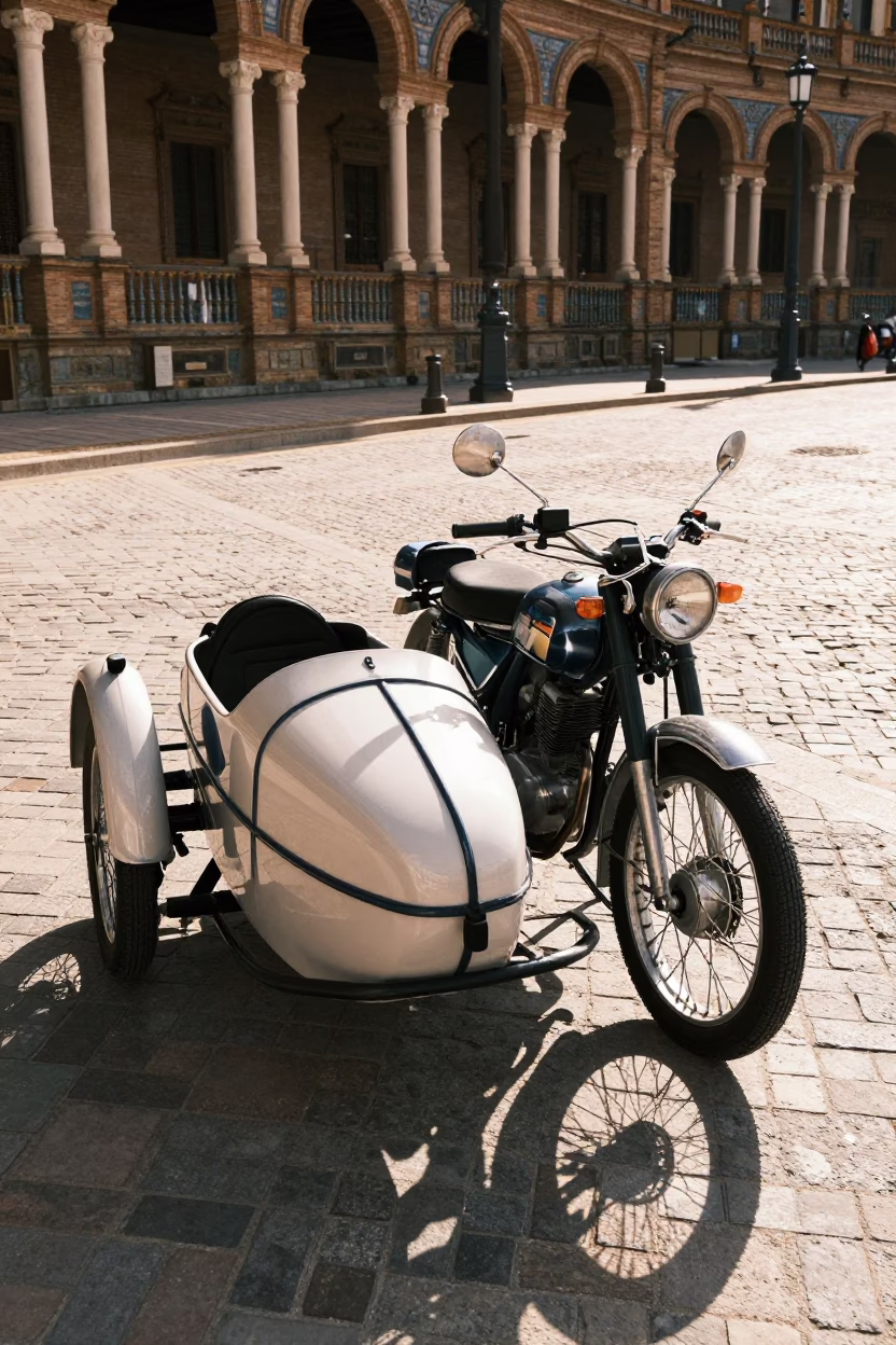 Vintage Motorcycle with Sidecar Parked on Seville Street Late Morning Sunlight in in Seville, Spain