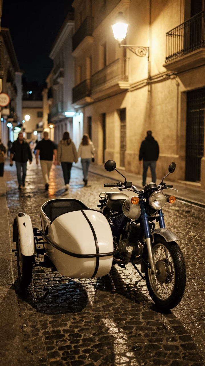 Vintage Motorcycle with Sidecar Parked on Valencia Street at Night Near Mural in in Valencia, Spain