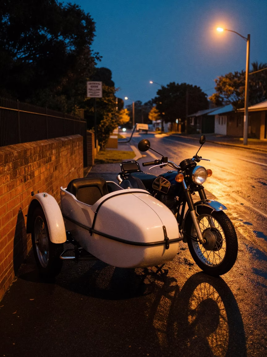 Vintage motorcycle with sidecar parked on wet Adelaide street at predawn in in Adelaide, South Australia, Australia
