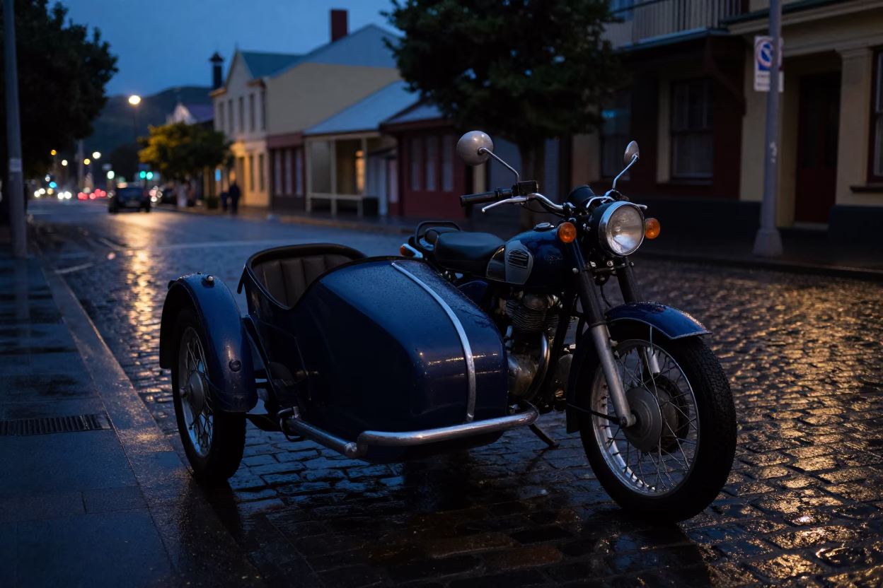 Vintage Motorcycle With Sidecar Parked On Wet Cobblestone Street In Predawn Hobart Tasmania in in Hobart, Tasmania, Australia