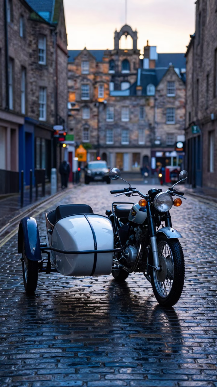 Vintage Motorcycle With Sidecar Parked On Wet Cobblestones Before Sunrise In Edinburgh in in Edinburgh, United Kingdom