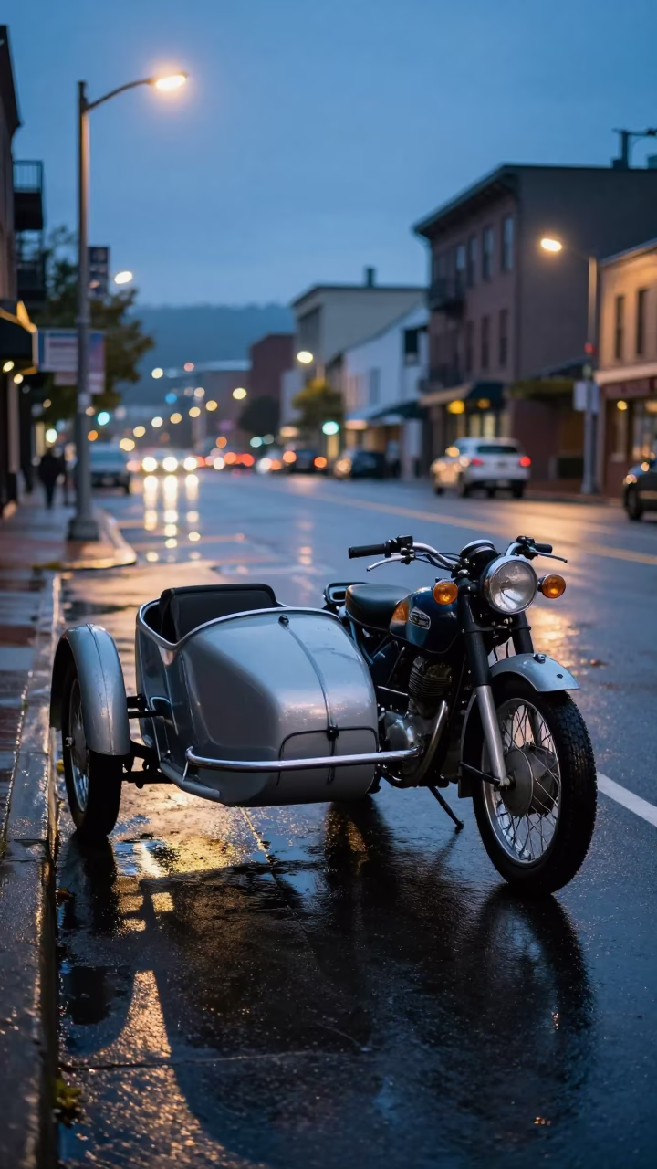 Vintage Motorcycle With Sidecar Parked On Wet Portland Street At Blue Hour in in Portland, Oregon, United States