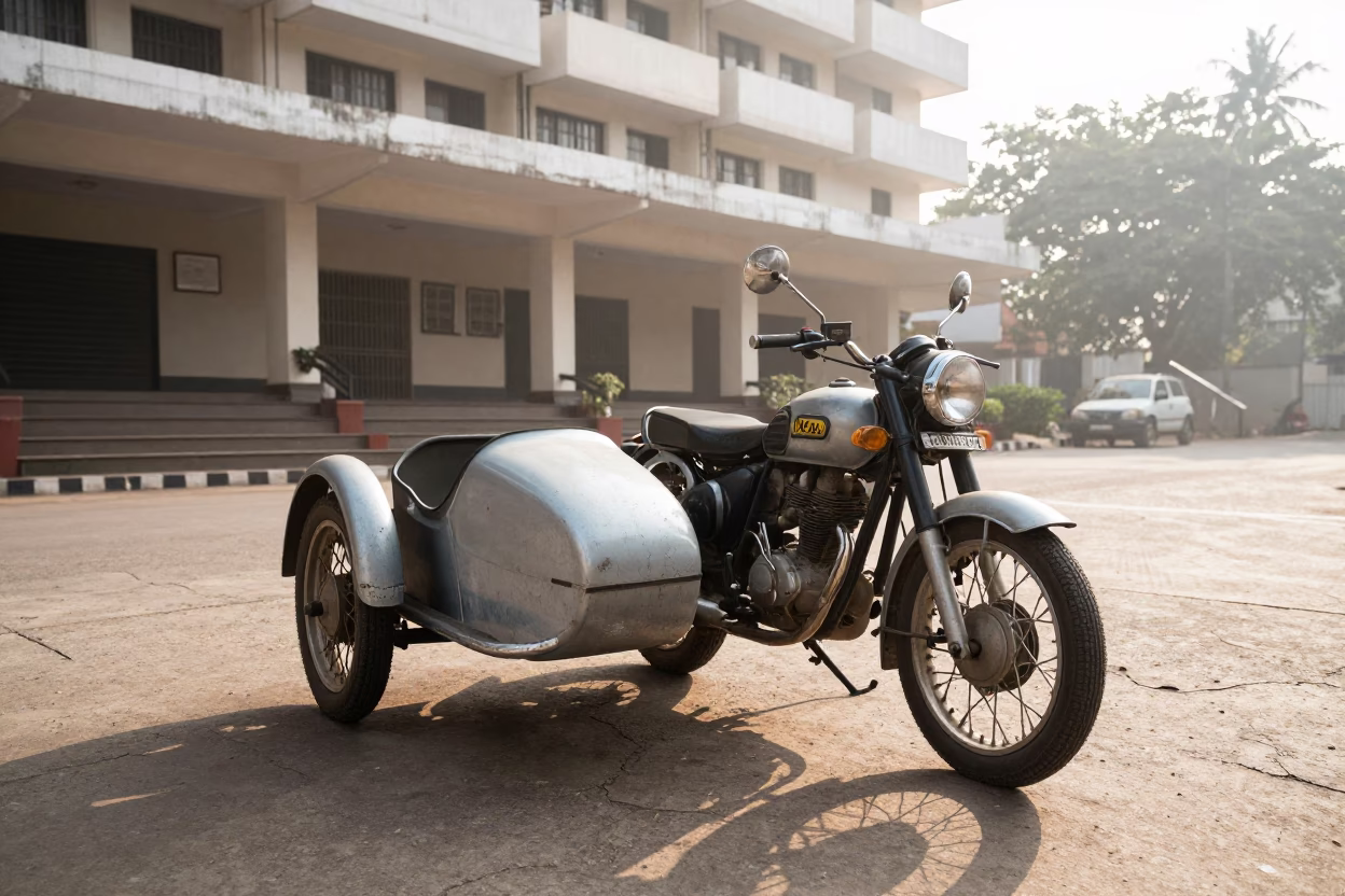 Vintage Motorcycle With Sidecar Parked Outside Chennai Hotel at Sunrise in in Chennai, India