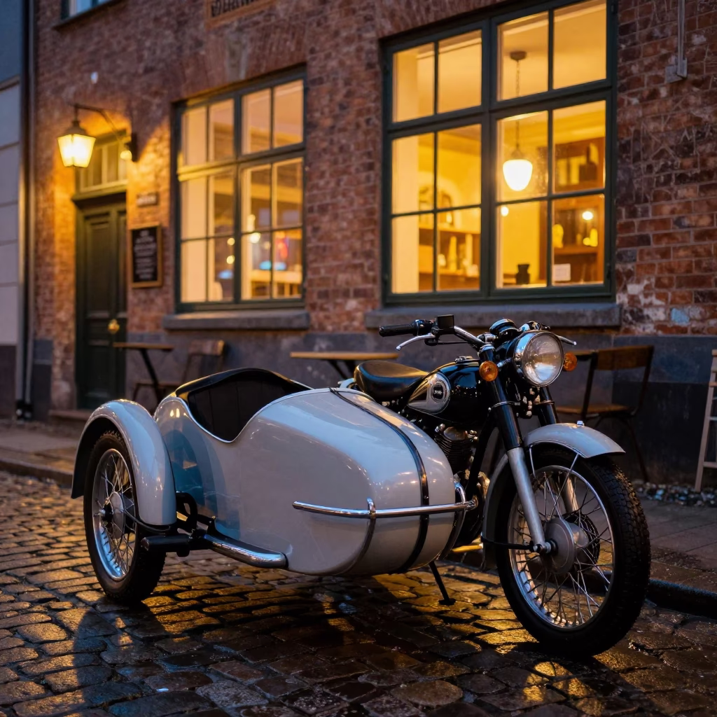 Vintage Motorcycle with Sidecar Parked Outside Copenhagen Pub at Night in in Copenhagen, Denmark