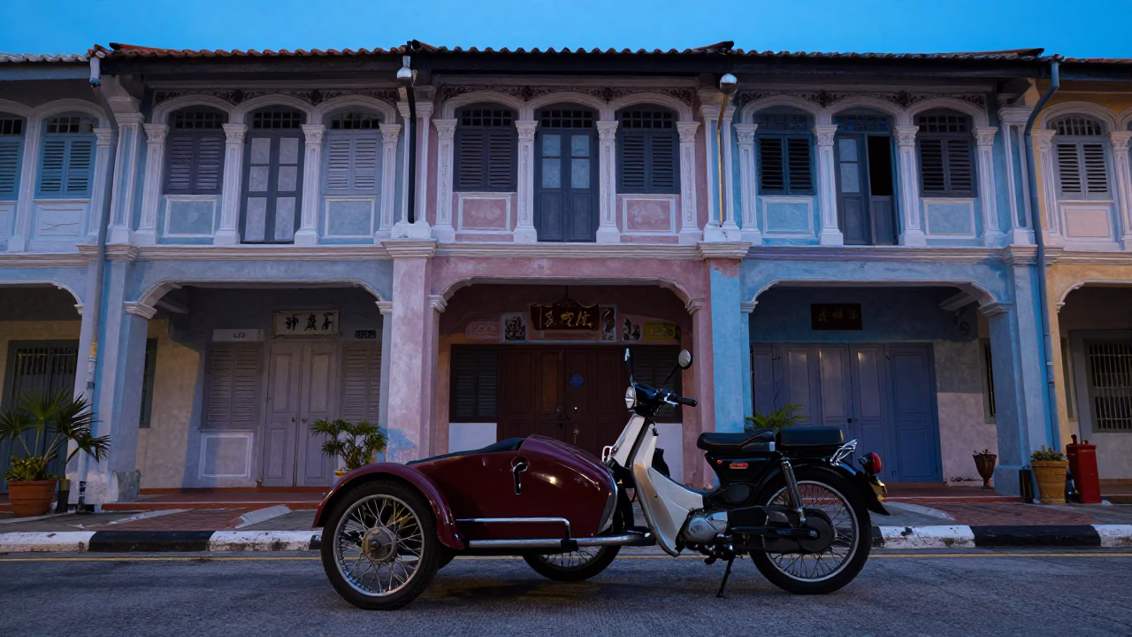 Vintage Motorcycle With Sidecar Parked Outside Shophouse In George Town Malaysia At Blue Hour in in George Town, Malaysia