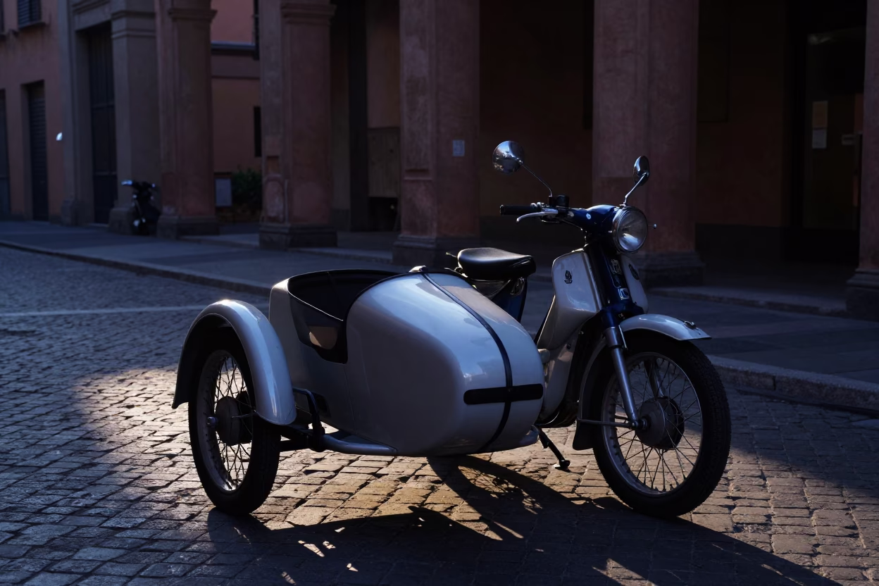 Vintage Motorcycle With Sidecar Parked Outside Traditional Bologna Bakery Before Sunrise in in Bologna, Italy
