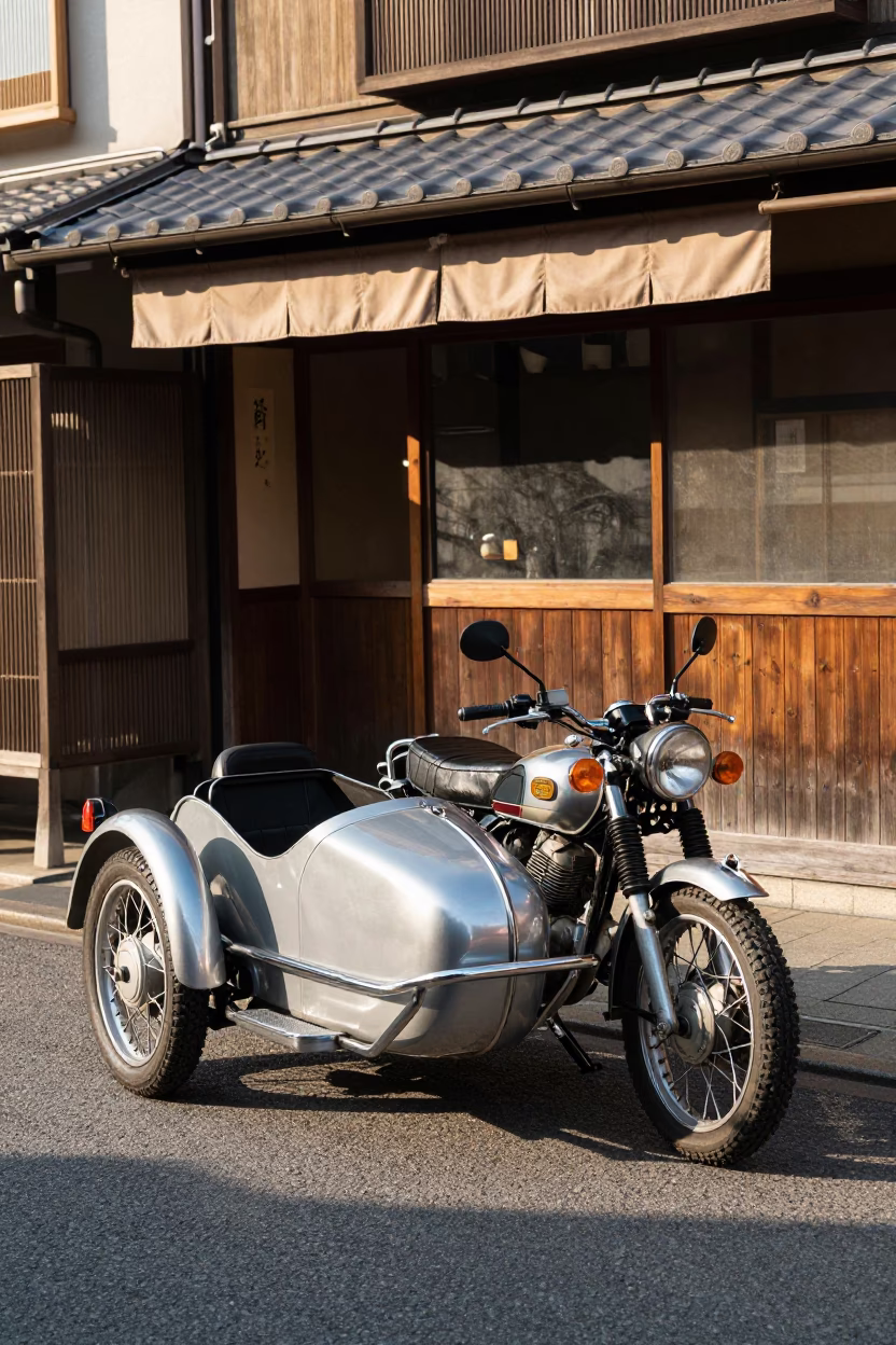 Vintage Motorcycle with Sidecar Parked Outside Traditional Osaka Tea Shop in Late Afternoon Light in in Osaka, Japan
