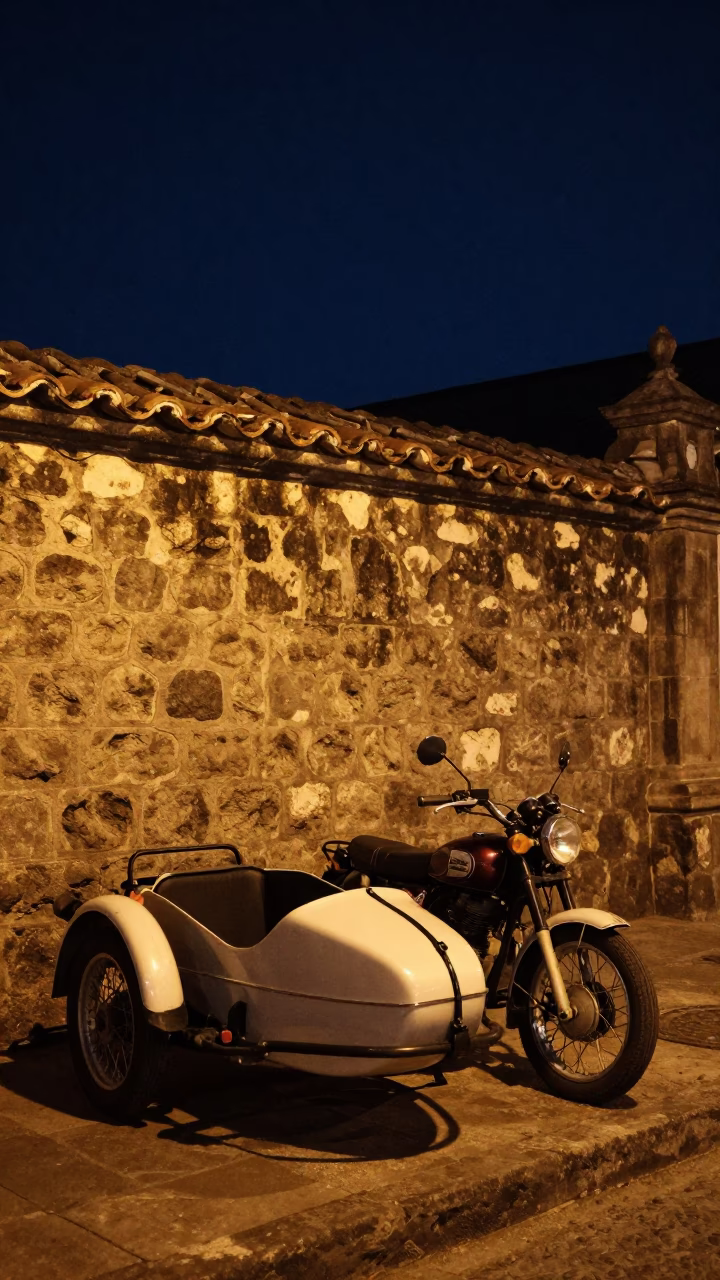Vintage Motorcycle with Sidecar Parked Under Deep Night Sky in Quito Ecuador in in Quito, Ecuador
