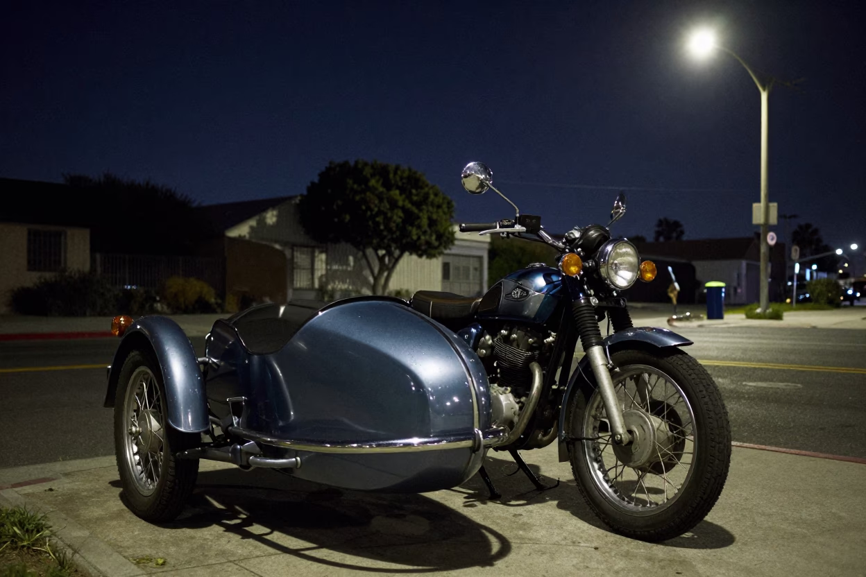 Vintage Motorcycle with Sidecar Parked Under Night Sky in San Diego California in in San Diego, California, United States