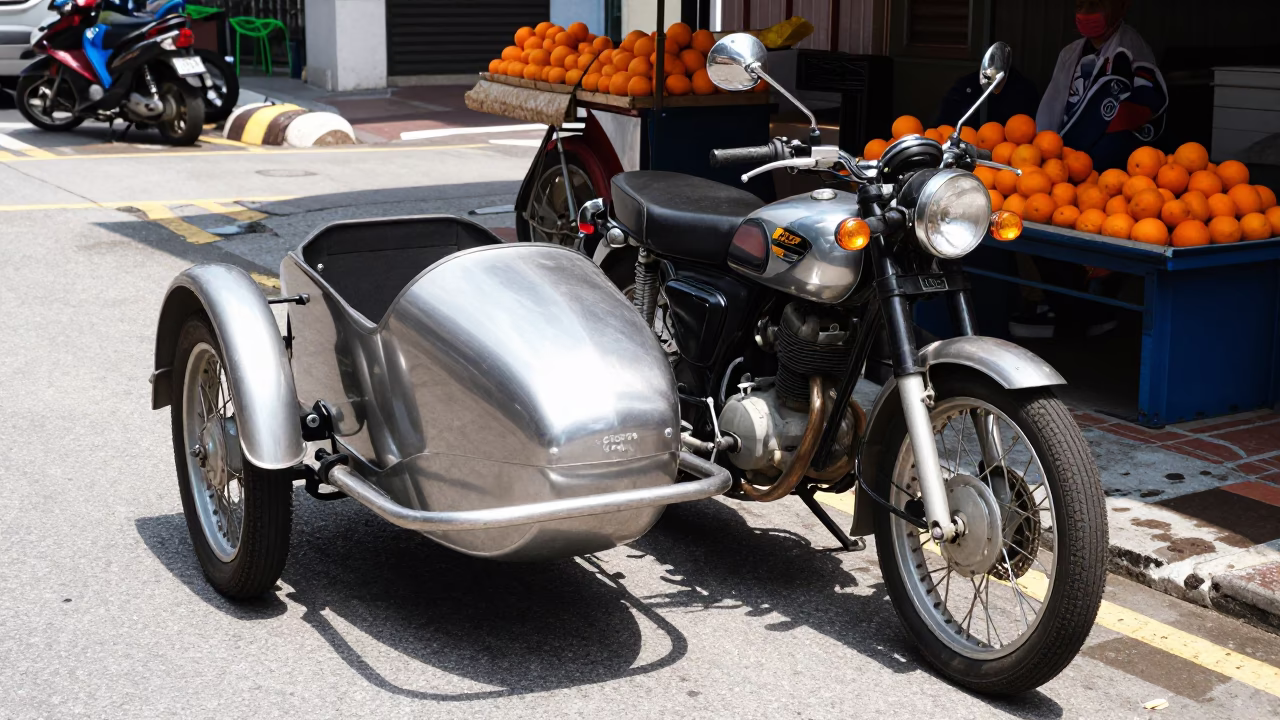 Vintage Motorcycle with Sidecar Parked Under Noon Glare in Kuala Lumpur Malaysia Street Scene in in Kuala Lumpur, Malaysia