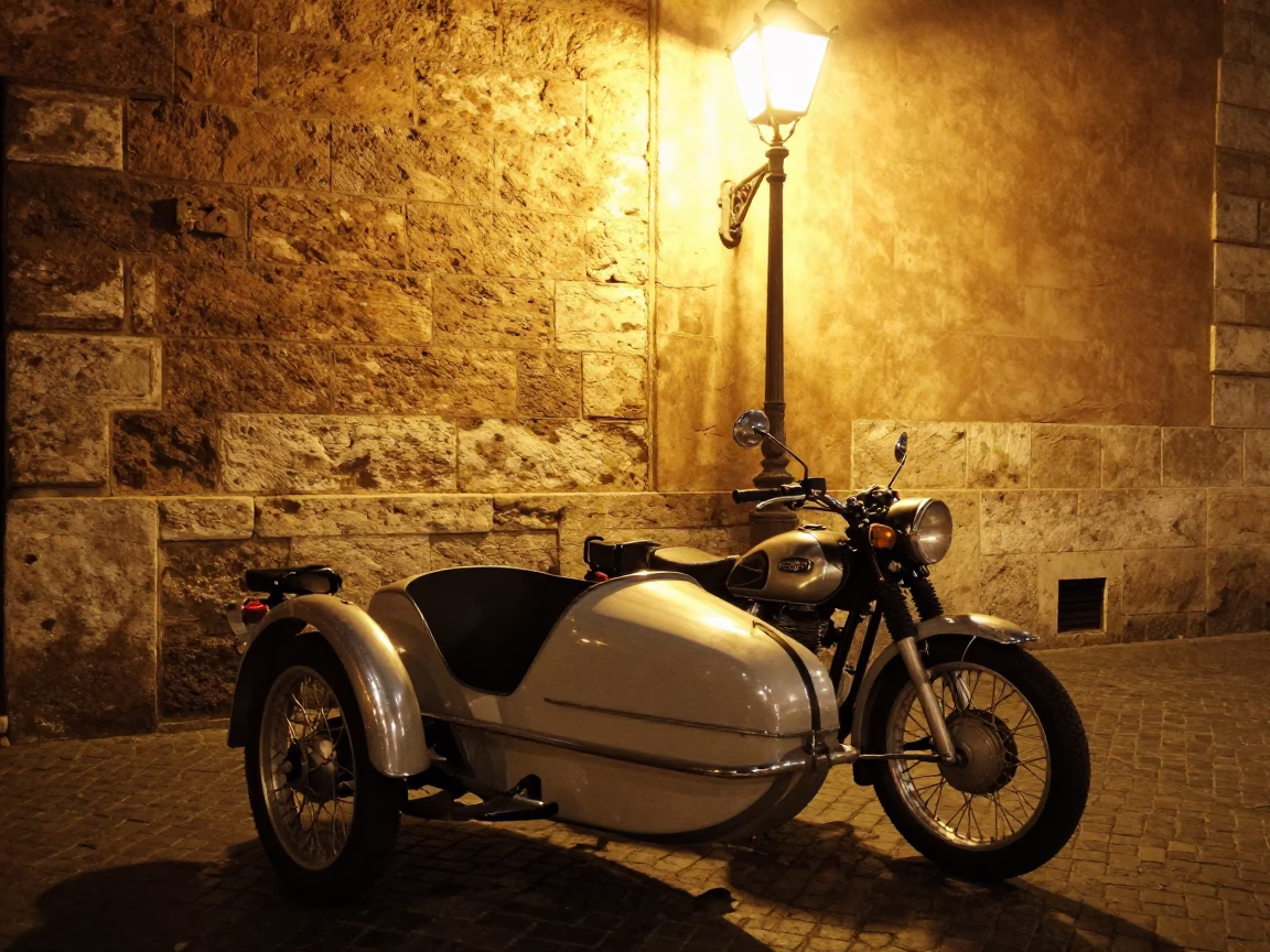 Vintage Motorcycle With Sidecar Parked Under Streetlamp In Rome Italy At Night in in Rome, Italy