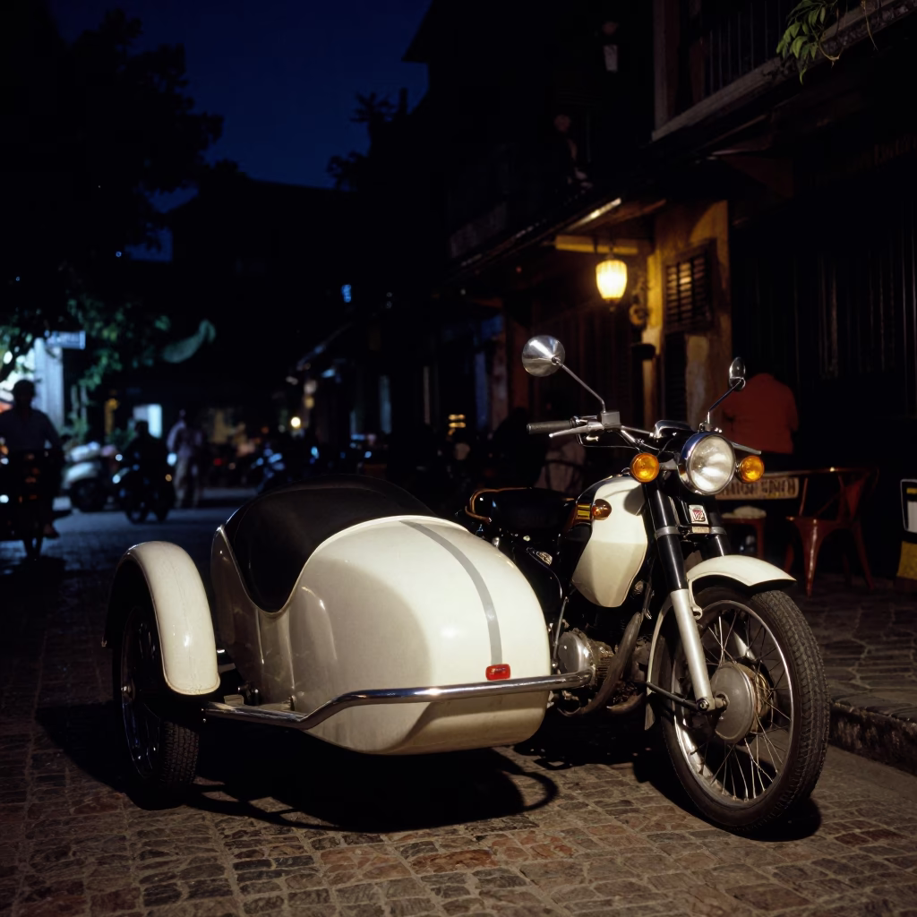 Vintage Motorcycle with Sidecar Under Deep Night Sky in Hanoi Vietnam Street Scene in in Hanoi, Vietnam
