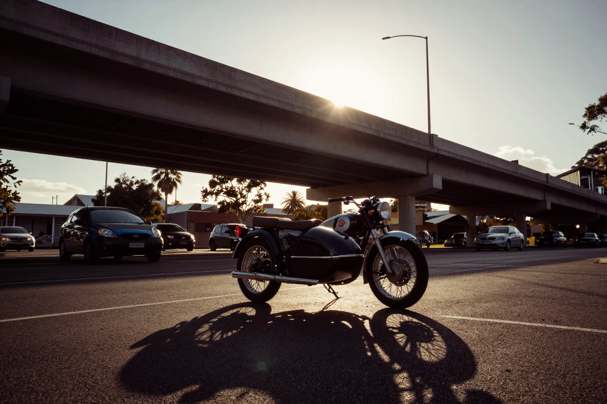 Vintage Motorcycle With Sidecar Under Perth Flyover Shadow At Golden Hour in in Perth, Western Australia, Australia