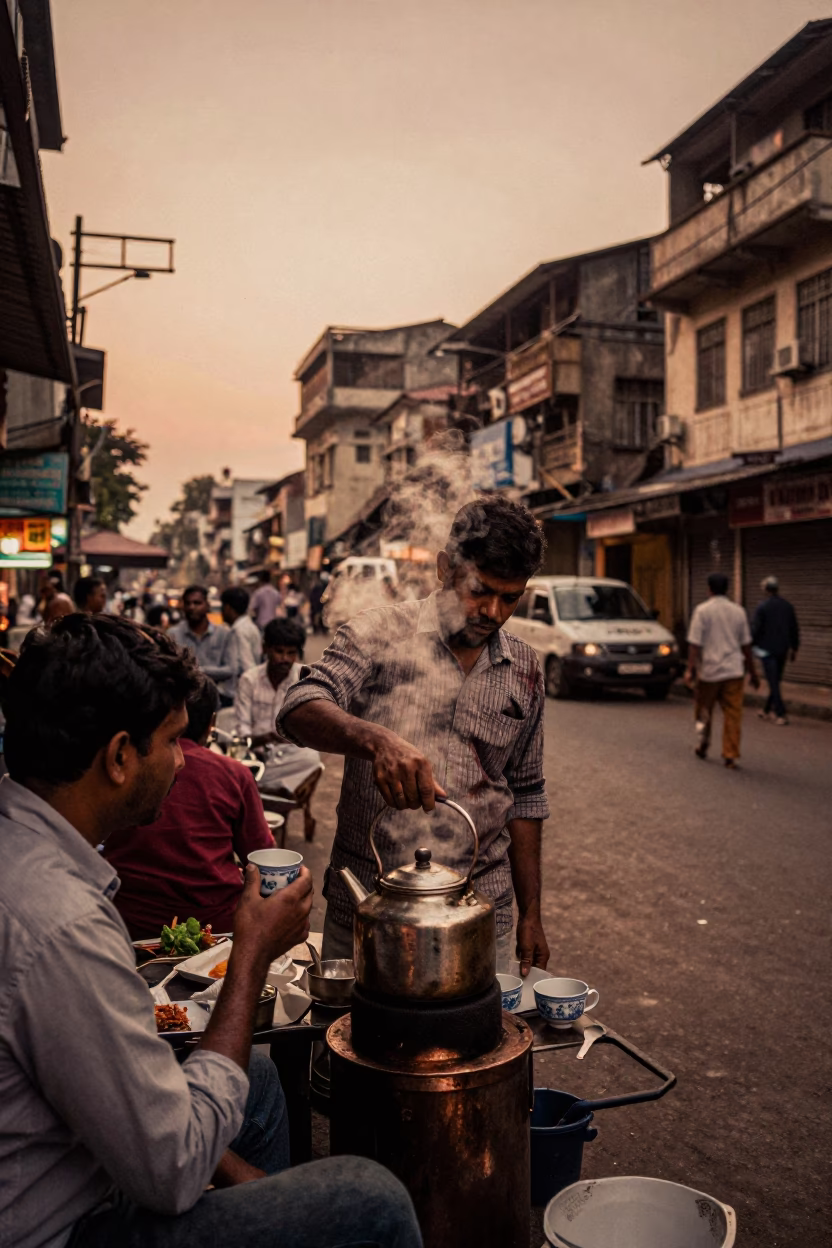Vintage Mumbai Street Scene Before Dusk with Tea Stains and Local Commerce in in Mumbai, India