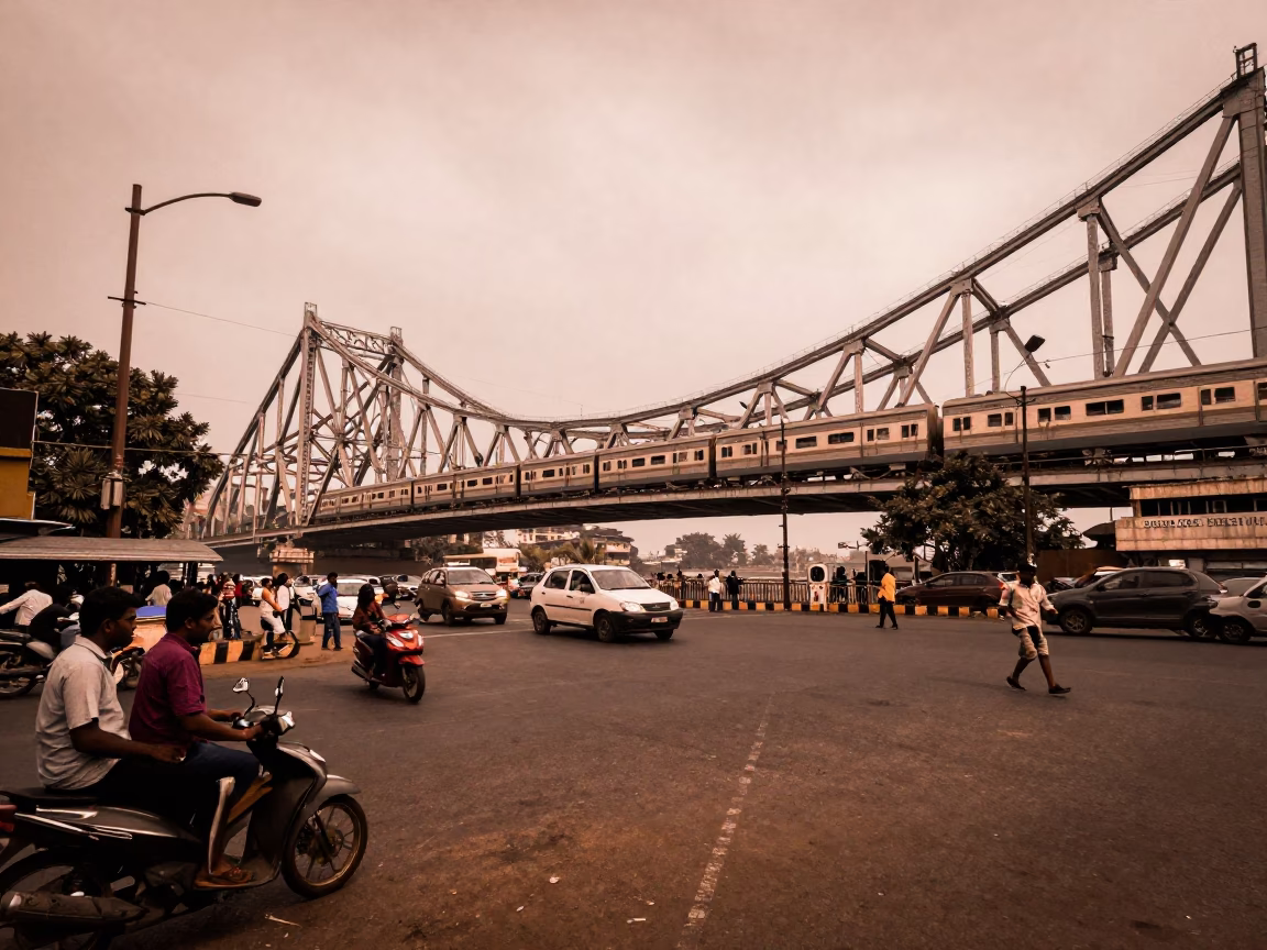 Vintage Mumbai Street Scene with Commuter Train Bridge and Lampshade in Copper Dusk Light in in Mumbai, India