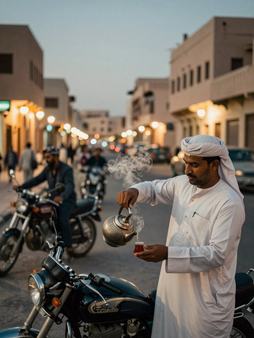 Vintage Muscat Street Scene at Dusk with Motorcycles and Traditional Tea Service in in Muscat, Oman