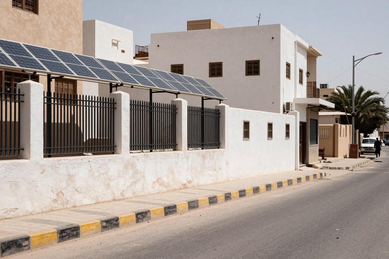 Vintage Muscat Street Scene Midday with Solar Fence and Sundial in Oman in in Muscat, Oman