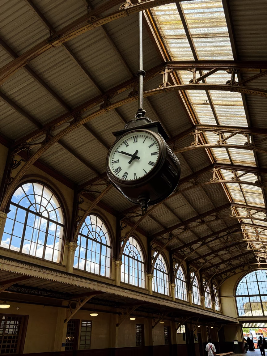 Vintage Nairobi Train Station Clock Under Vaulted Iron Roof in Bright Midmorning Light in in Nairobi, Kenya