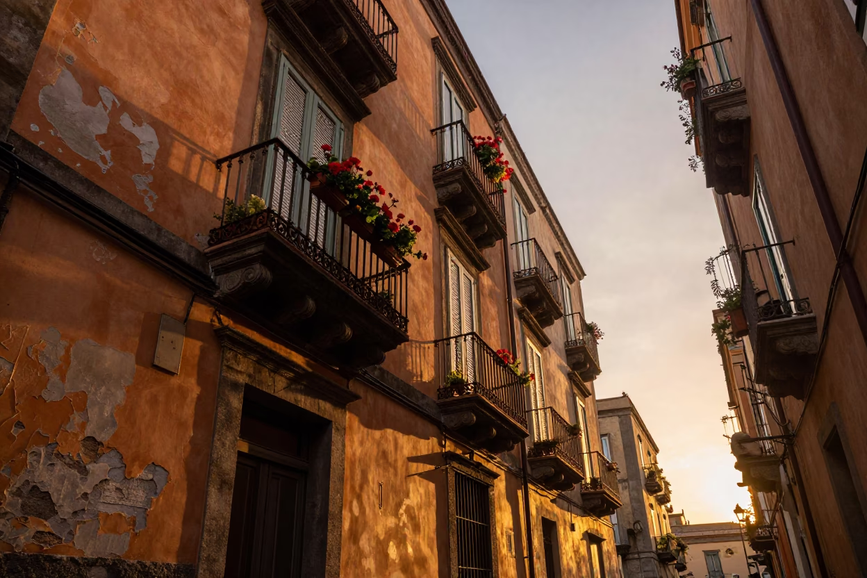 Vintage Naples Italy Street Scene at Dusk with Colorful Balconies and Local Life in in Naples, Italy