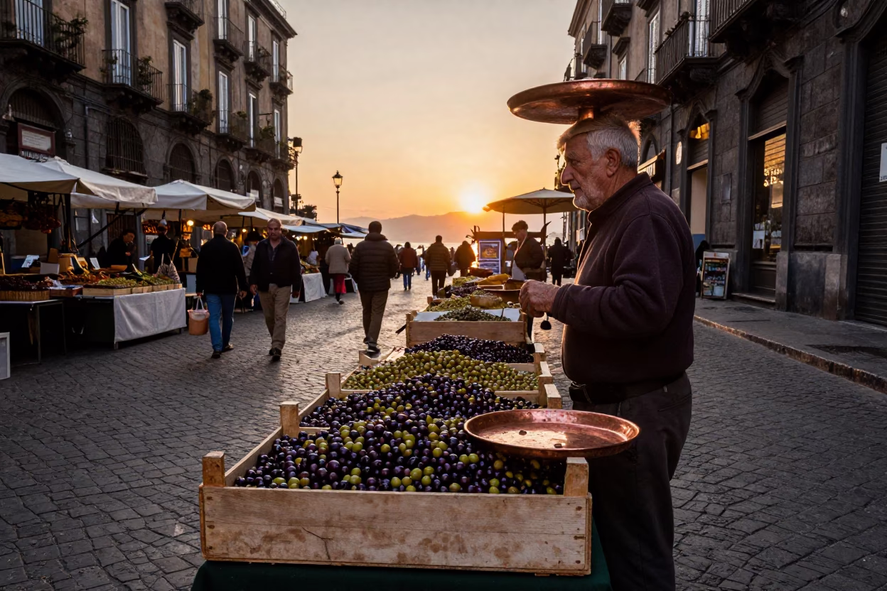 Vintage Naples Italy Street Scene with Olives and Copper Tray at Sunset in in Naples, Italy