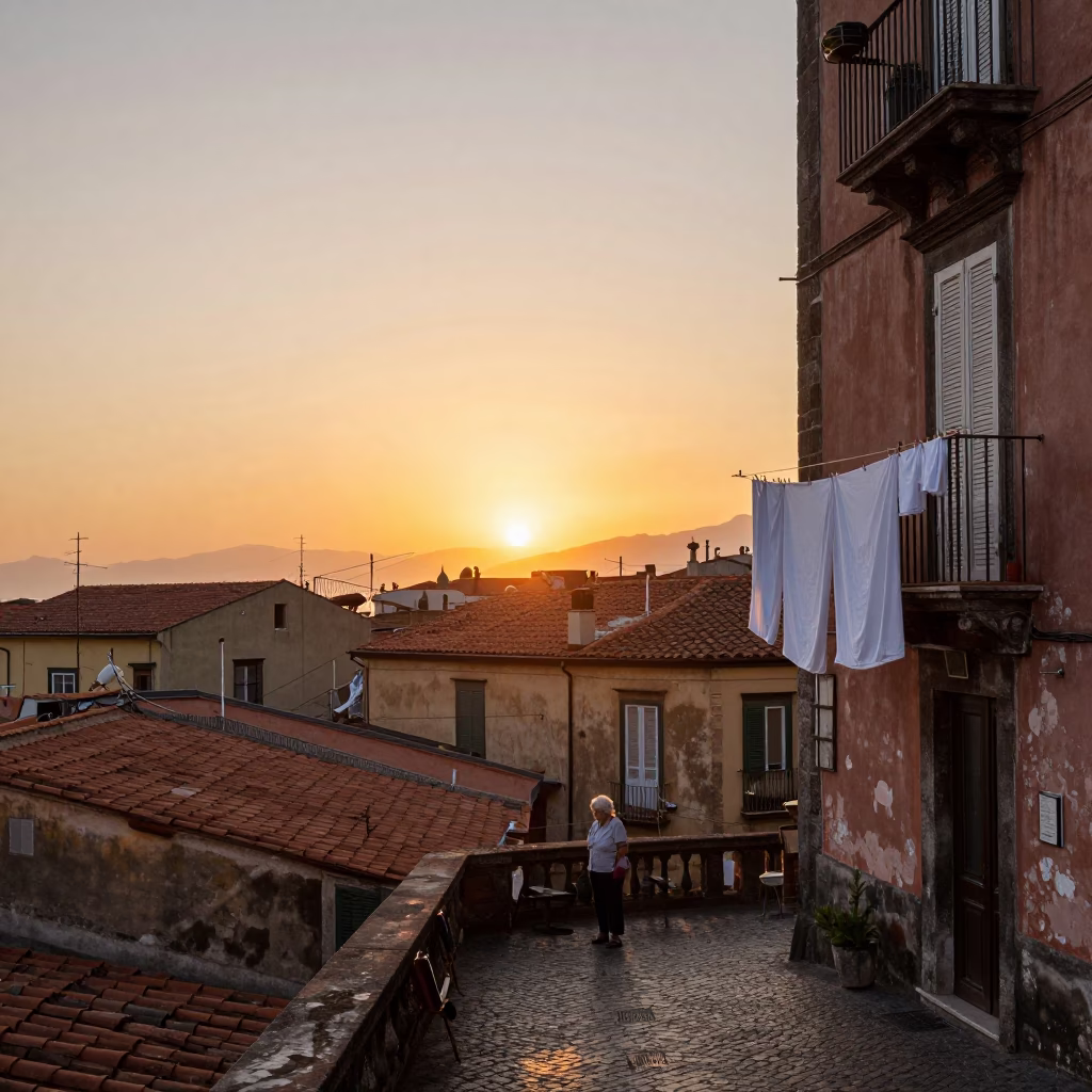 Vintage Naples Street Scene at Sunset with Espresso and Laundry in in Naples, Italy