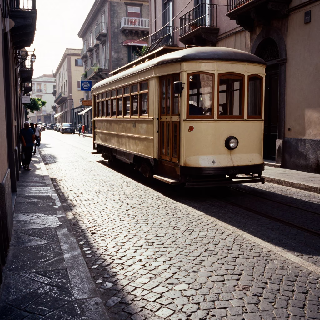 Vintage Naples Street Scene Heritage Tram on Cobblestone Avenue Late Morning in in Naples, Italy