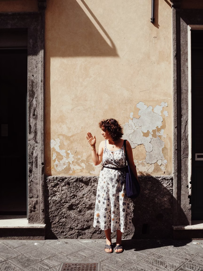 Vintage Naples Street Scene Noon Light Woman Henna Wall Hook Vine in in Naples, Italy