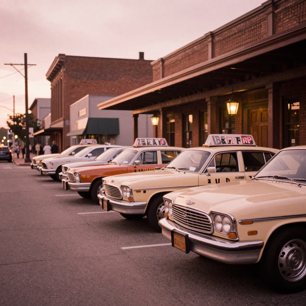 Vintage Nashville Street Scene Before Dusk with Taxi Rank and Local Activity in in Nashville, Tennessee, United States