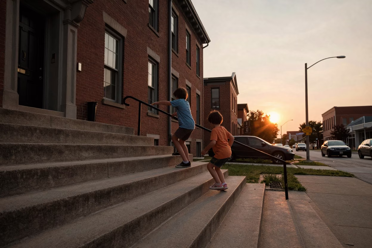 Vintage Nashville Sunset Scene with Children Playing on Steps Near Historic Building in in Nashville, Tennessee, United States