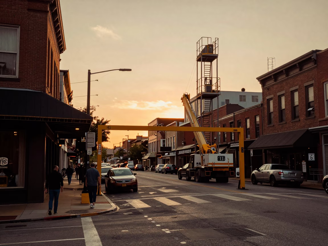 Vintage Nashville Sunset Street Scene with Construction Elevator Gate and Rebar Bundles in in Nashville, Tennessee, United States