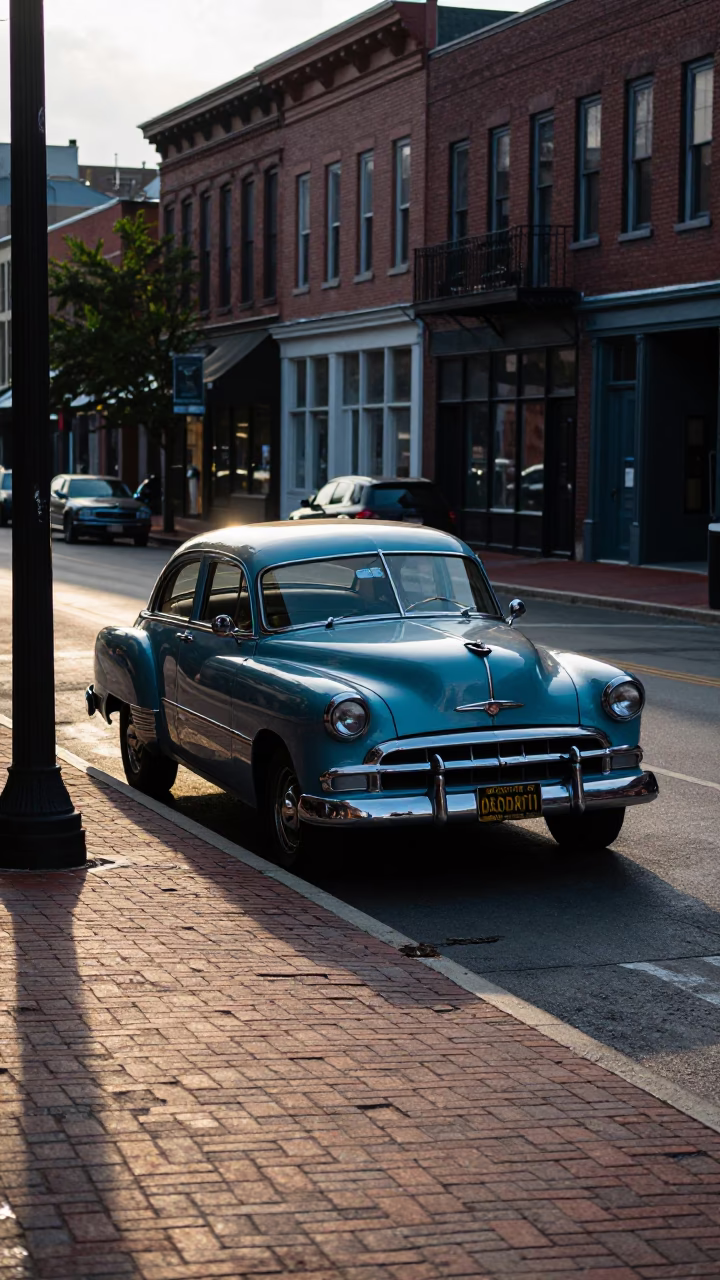 Vintage Nashville Tennessee Dawn Street Scene with Classic Cars and Local Commuters in in Nashville, Tennessee, United States