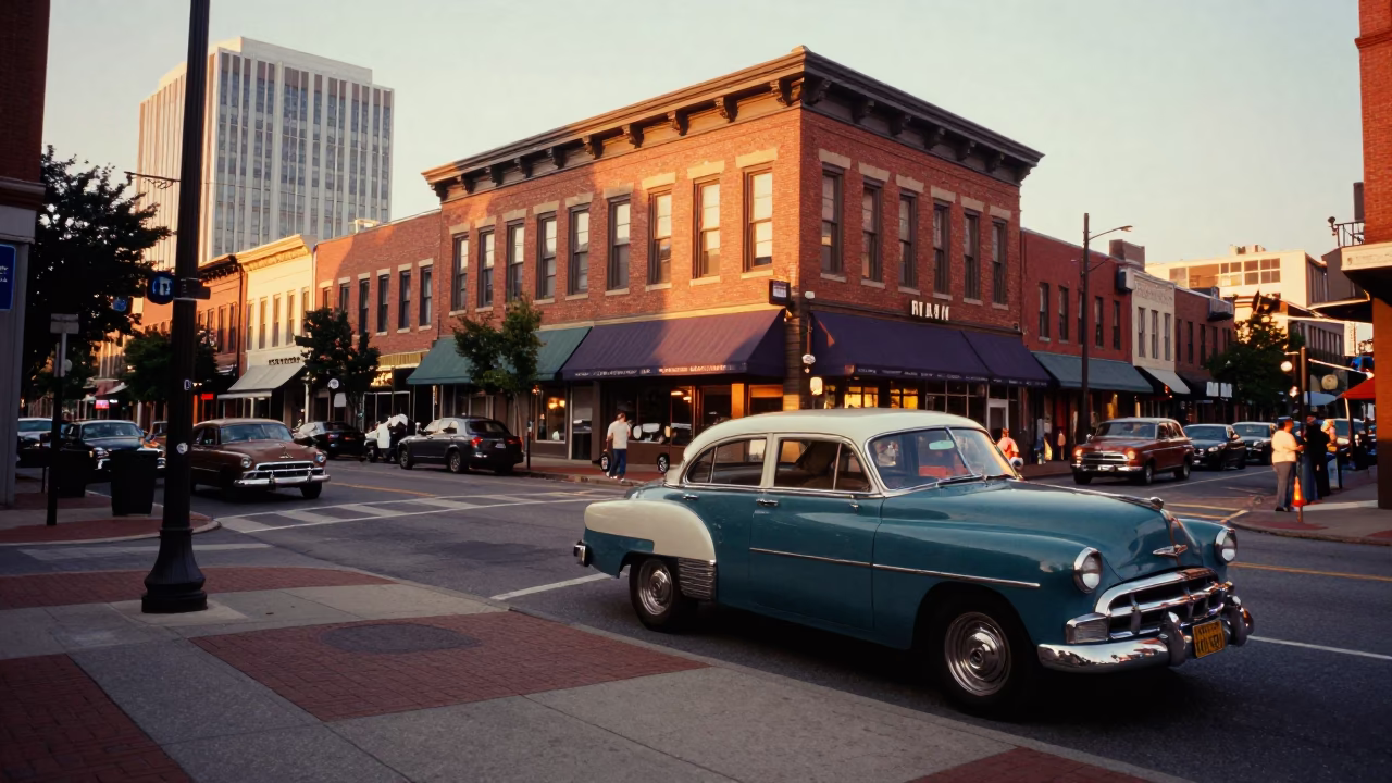 Vintage Nashville Tennessee Evening Street Scene with Classic Cars and Brick Architecture in in Nashville, Tennessee, United States