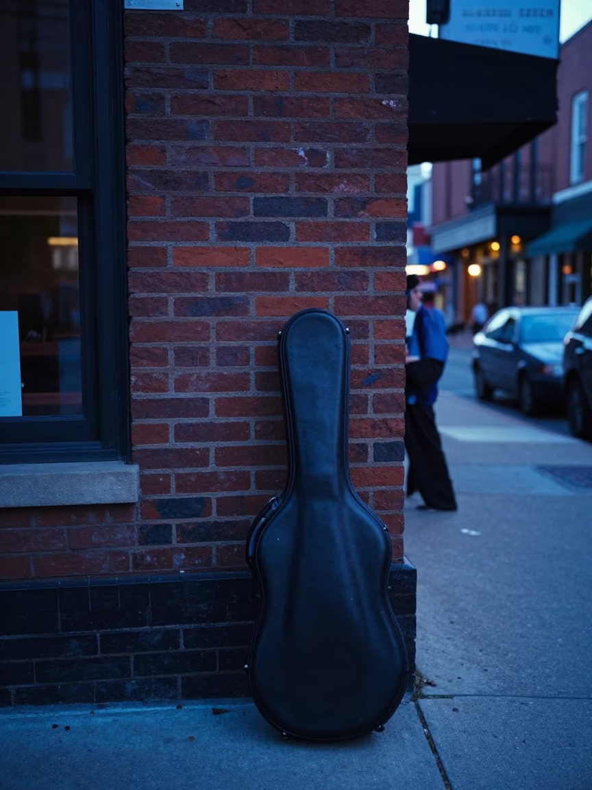 Vintage Nashville Tennessee Evening Street Scene with Violin Case and Local Pedestrians in in Nashville, Tennessee, United States