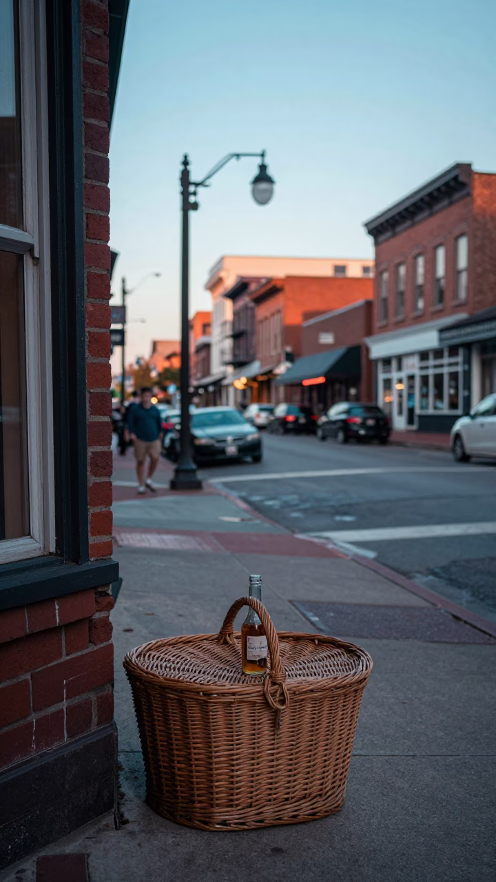 Vintage Nashville Tennessee Street Scene Before Sunrise with Bottle and Wicker Hamper in in Nashville, Tennessee, United States