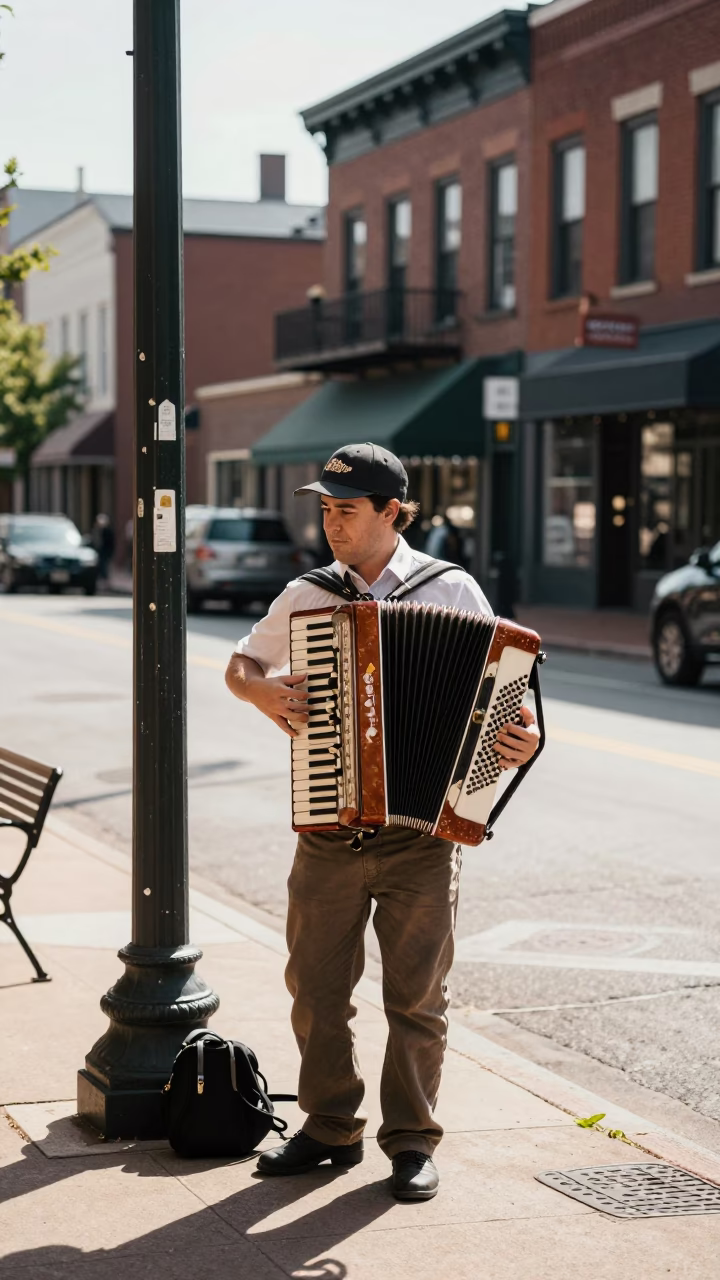 Vintage Nashville Tennessee Street Scene with Accordion Player in Early Afternoon Sunlight in in Nashville, Tennessee, United States