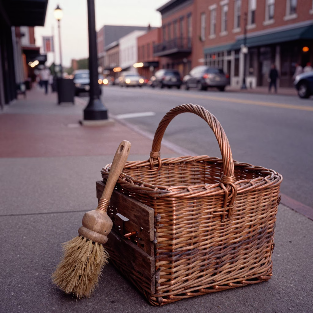 Vintage Nashville Tennessee Street Scene with Wicker Basket in Copper Dusk Light in in Nashville, Tennessee, United States