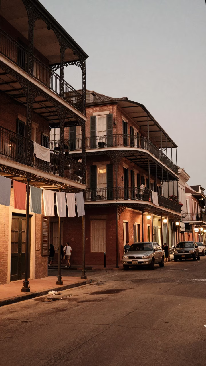 Vintage New Orleans Street Corner Before Dusk with Drying Towels and Paper Fan in in New Orleans, Louisiana, United States