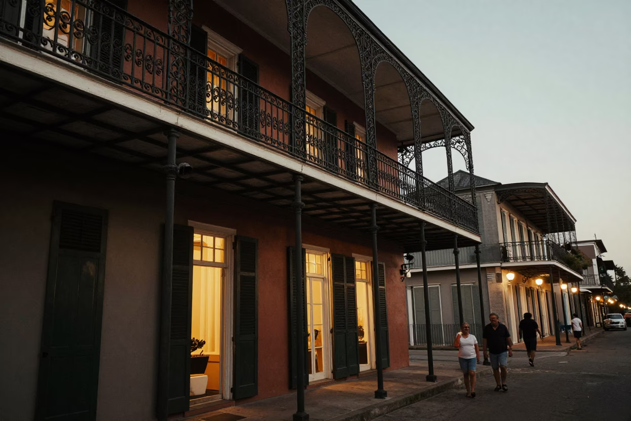Vintage New Orleans Street Scene at Dusk with Iron Balconies and City Lights in in New Orleans, Louisiana, United States