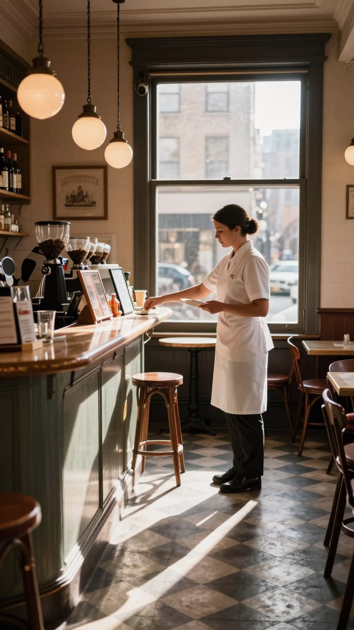Vintage New York City Café Interior Late Morning Light and Street View in in New York, New York, United States