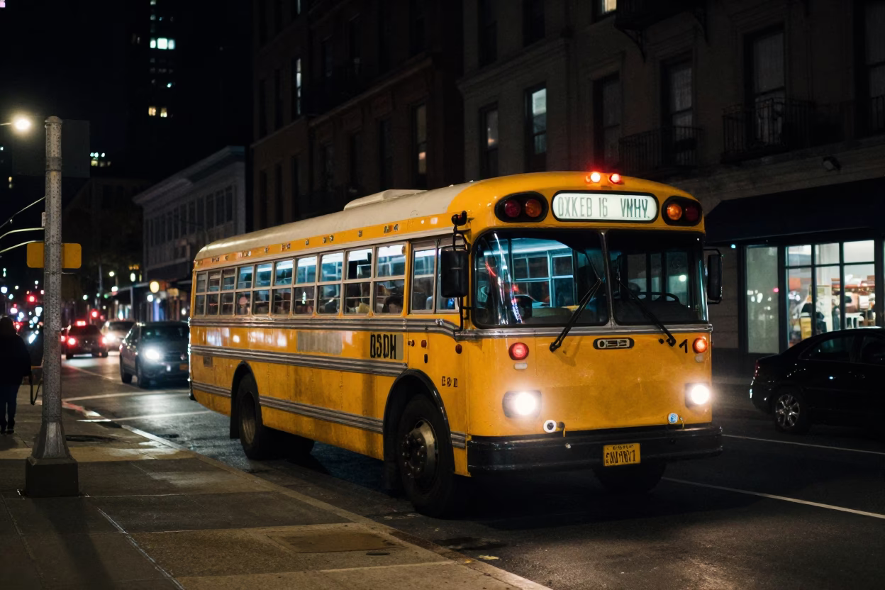 Vintage New York City Night Scene with Classic Bus and City Lights in in New York, New York, United States
