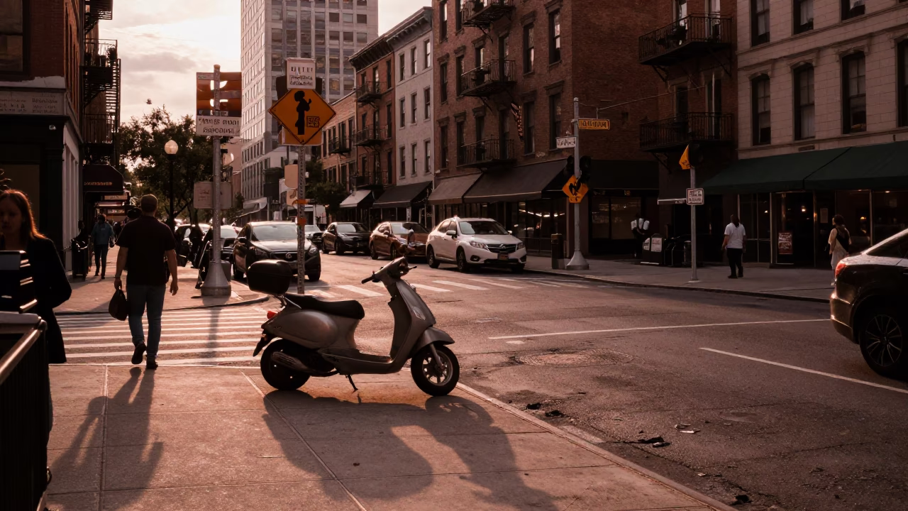 Vintage New York Street Scene at Dusk with Scooter and Urban Life in in New York, New York, United States