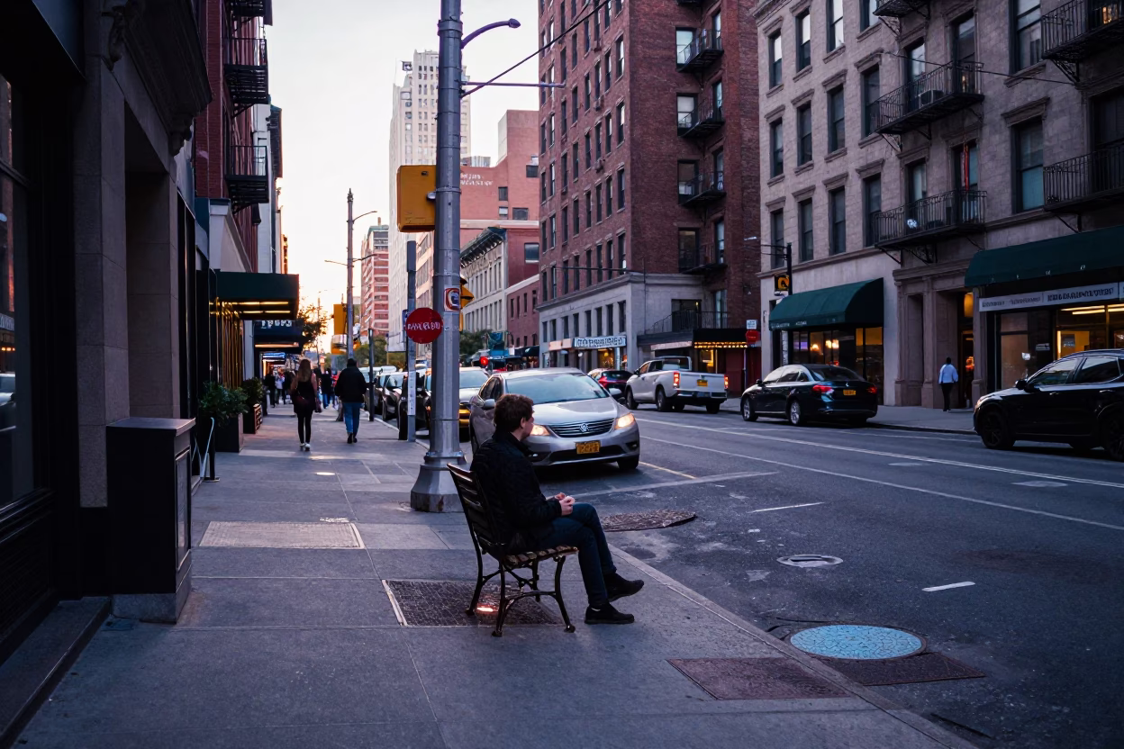 Vintage New York Street Scene Before Sunrise with Coppersmith and Metal Tools in in New York, New York, United States