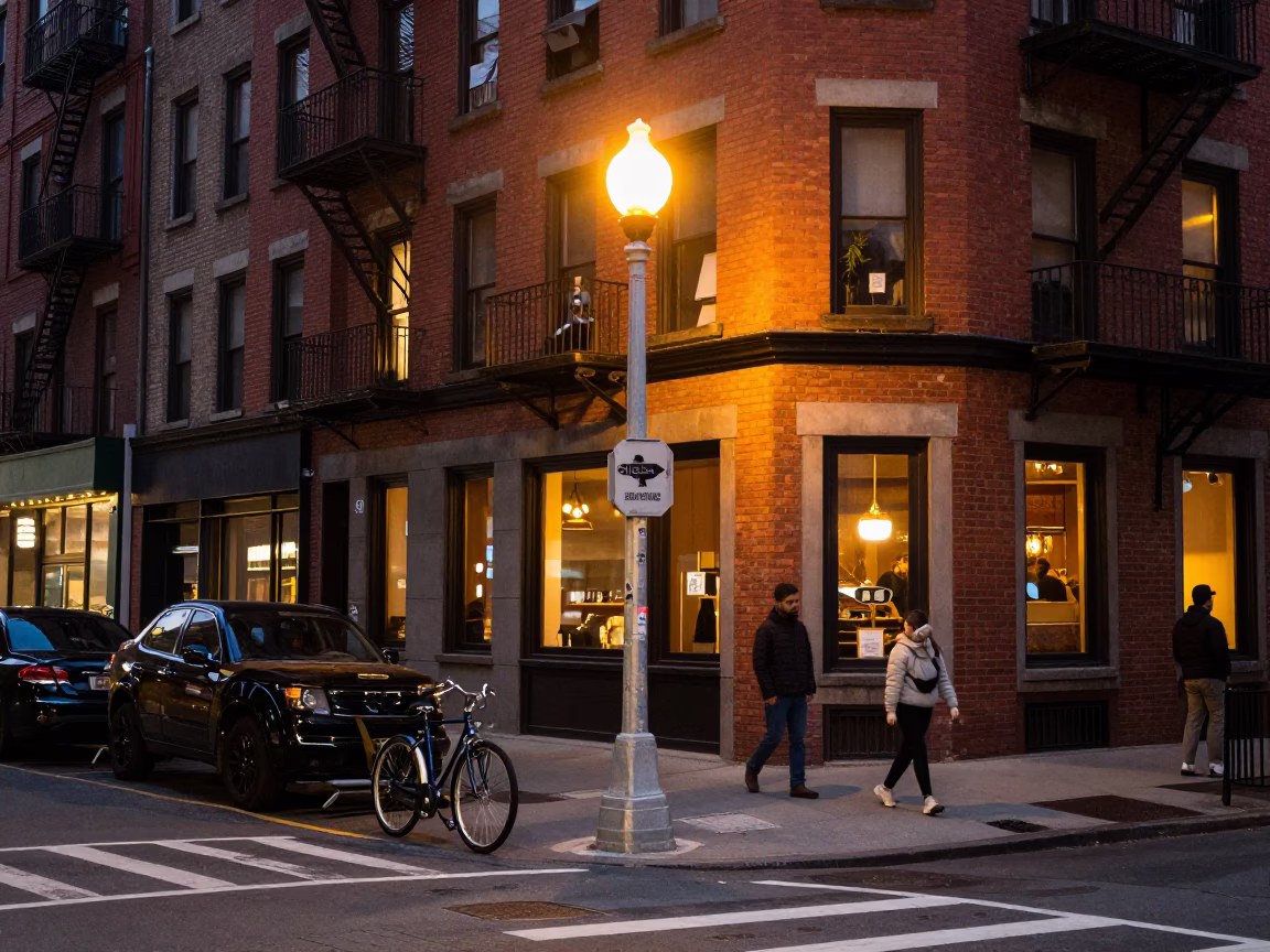 Vintage New York Street Scene with Bicycle and District Heating Pipes at Dusk in in New York, New York, United States
