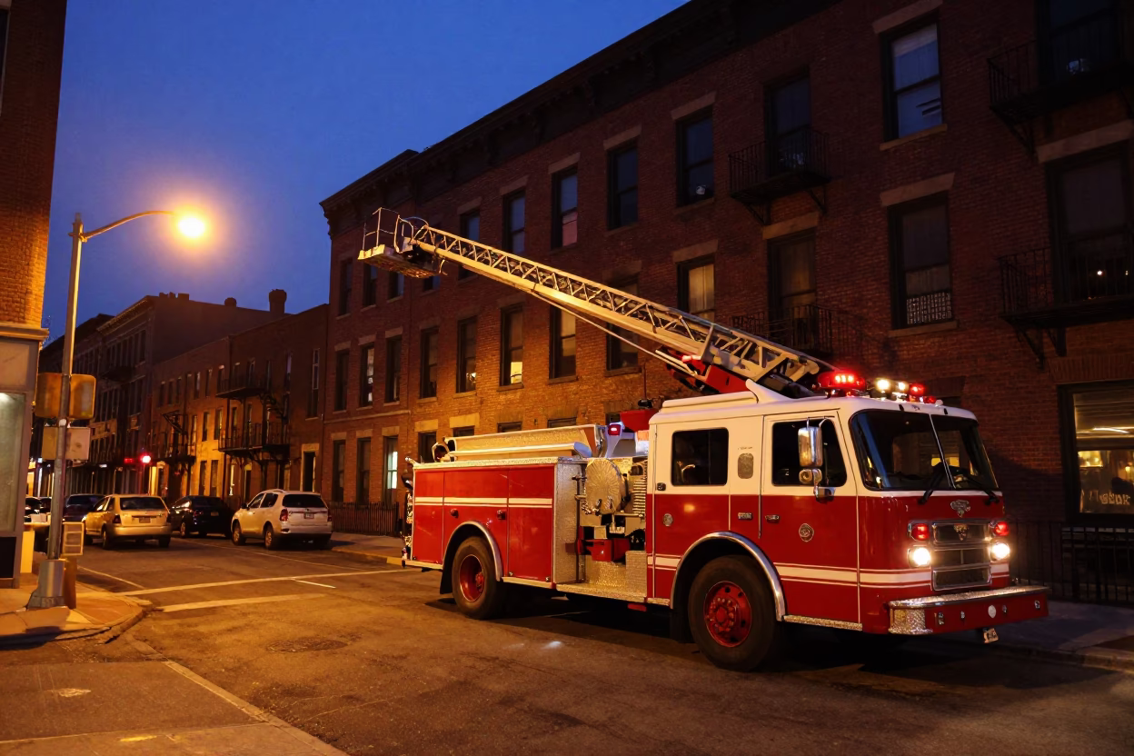 Vintage New York Twilight Street Scene With Red Fire Engine and Urban Architecture in in New York, New York, United States