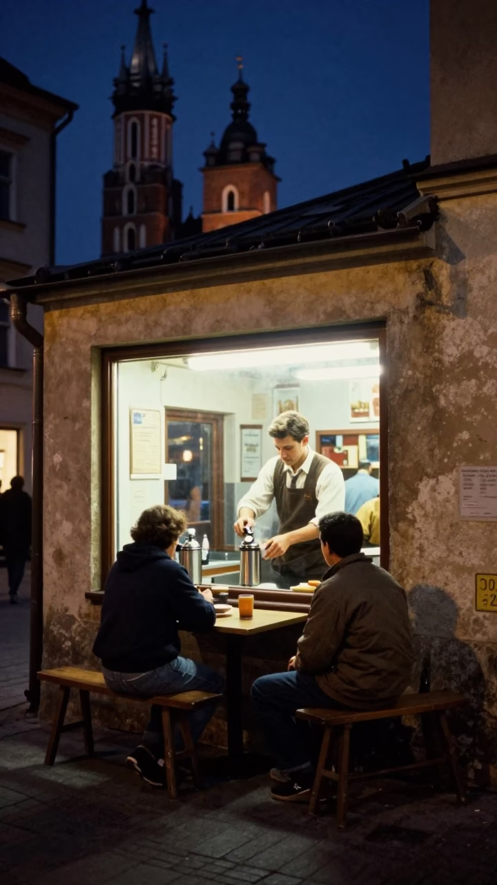 Vintage Night Street Scene in Krakow Poland with Local Diner and Thermos in in Krakow, Poland