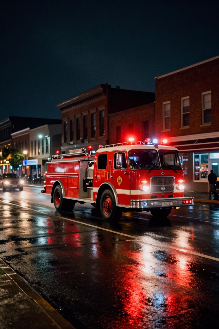 Vintage Night Street Scene in Nashville Tennessee With Fire Engine Racing Under Deep Sky in in Nashville, Tennessee, United States
