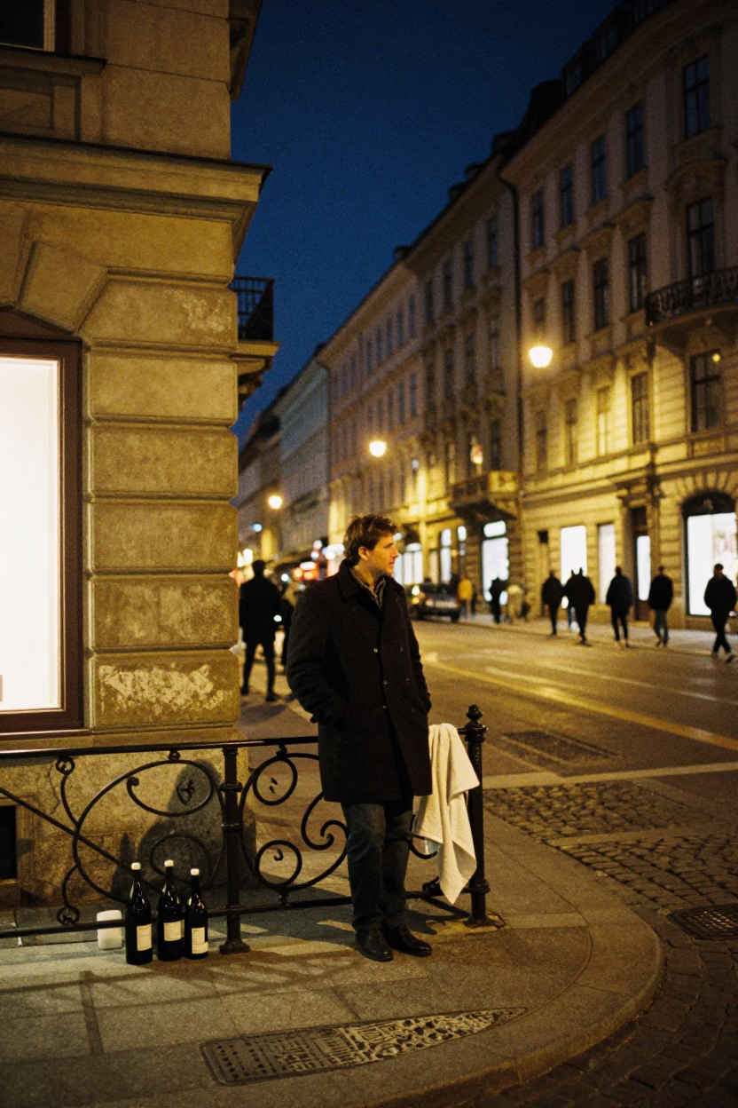 Vintage Nighttime Street Scene in Vienna Austria with Bottle and Linen Napkin in in Vienna, Austria