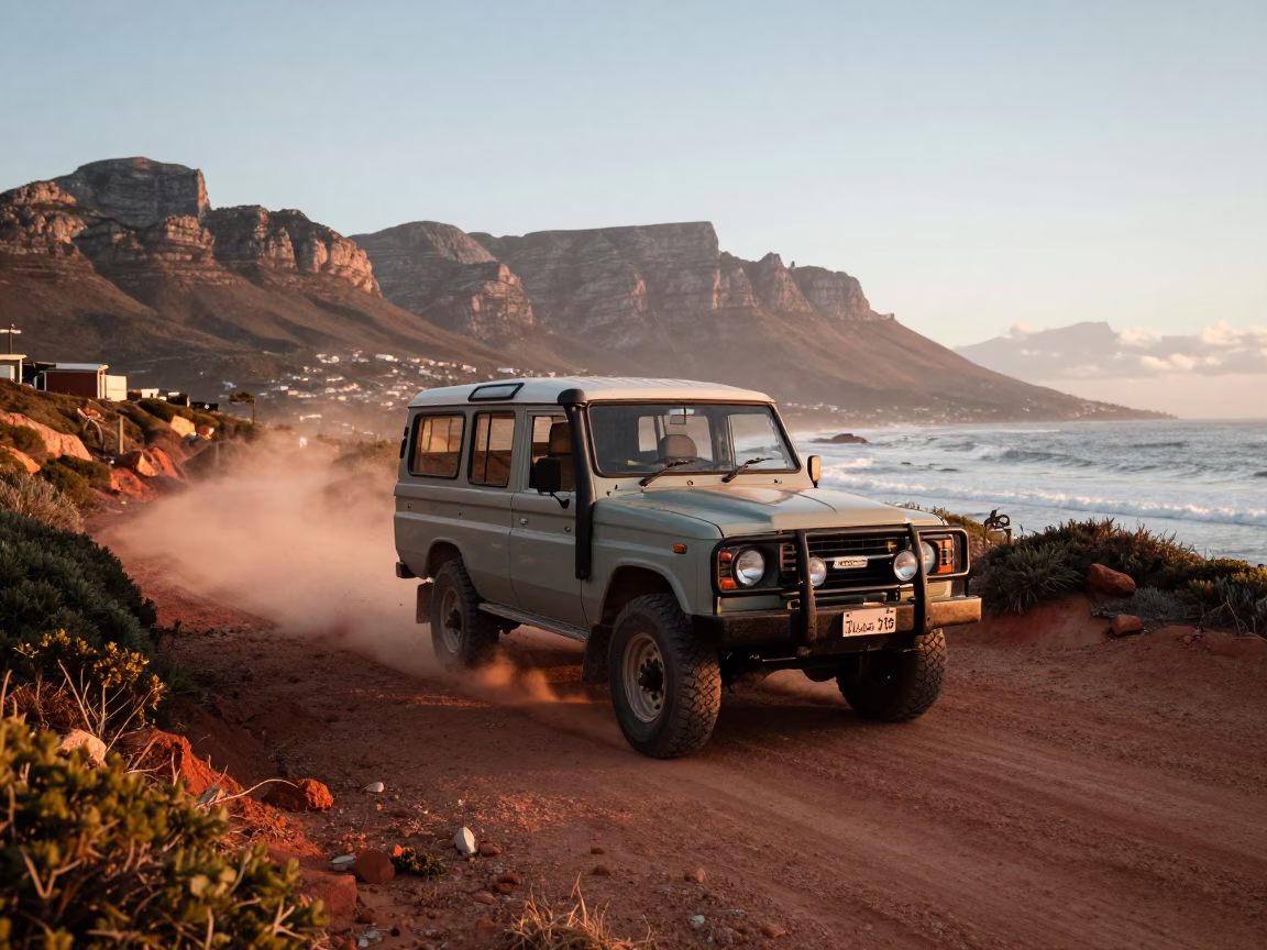 Vintage Off Road Safari Vehicle on Cape Town Coastal Trail Early Evening in in Cape Town, South Africa