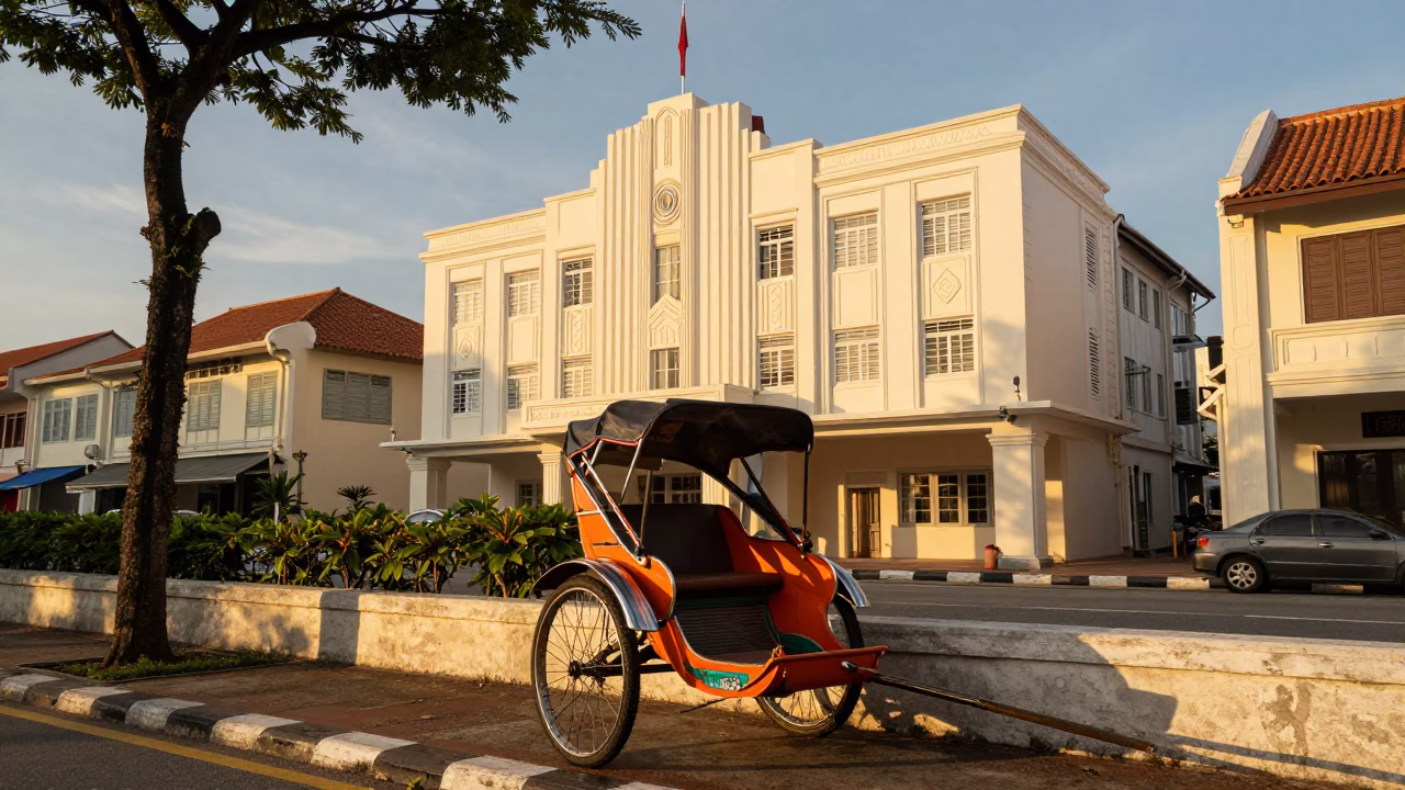 Vintage Orange Trishaw and Art Deco Facades in George Town at Golden Hour in in George Town, Malaysia