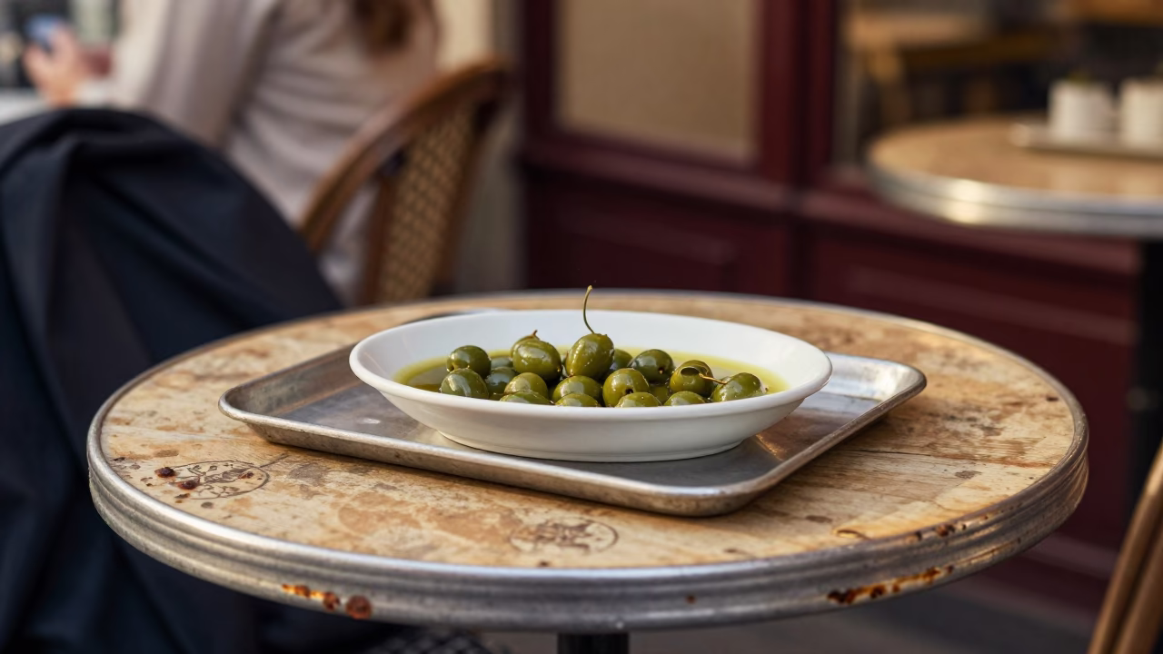 Vintage Paris Cafe Scene Late Afternoon with Olive Dish and Lockbox on Table in in Paris, France